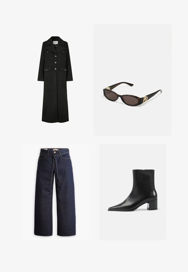 Čierny kabát s prúžkami, dlhý s klopovým golierom, prednými gombíkmi a dvoma náprsními vreckami. Má rovný strih a štruktúrovaný dizajn.; Sivý pletený kardigán s drážkovaným vzorom, s okrúhlym výstrihom, zapínaním na gombíky a tmavými gombíkmi. Malé logo na hrudi.; Biela košeľa s gombíkmi vyrobená z bavlny, ktorá má náprsné vrecko a malé vyšívané logo. Voľný strih s klasickým golierom a dlhými rukávmi.; Široké tmavomodré denimové džínsy s vysokým pásom, so šnúrkou na sťahovanie, piatimi vreckami a kontrastným prešívaním.; Čierne kožené členkové topánky s špicatou špičkou, hladkou textúrou a stredným blokovým podpätkom. Minimalistický dizajn, zips na zadnej strane.; Slnkové okuliare v korytnačkovom dizajne s predĺženými oválnymi šošovkami, hnedým tónovaním, zlatými logovými akcentmi na spánkoch a elegantnými čiernymi ramenami.