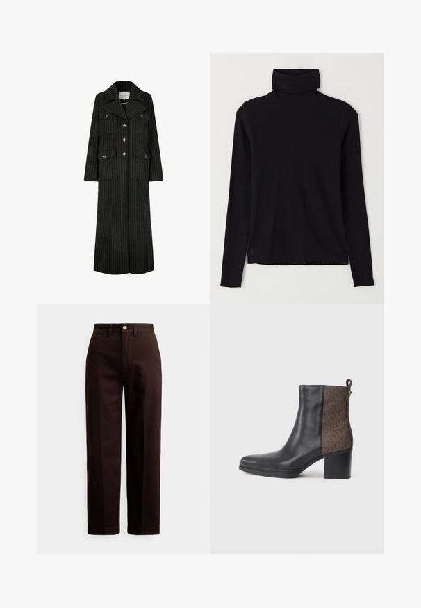Svart randig lång kappa med fällkrage, framknäppning och två bröstfickor. Har en rak passform och en strukturerad design.; Svart turtlenecktröja i ribbat tyg. Långa ärmar, figurnära design och en något avslappnad nederkant utan synliga mönster eller detaljer.; Mörkbruna raka byxor med knapp- och dragkedjestängning, bälteshällor och framfickor mot en vit bakgrund.; Svart läderankelboot med ett texturerat brunt mönster på sidan, en blockklack och en ögla för enkel påtagning.