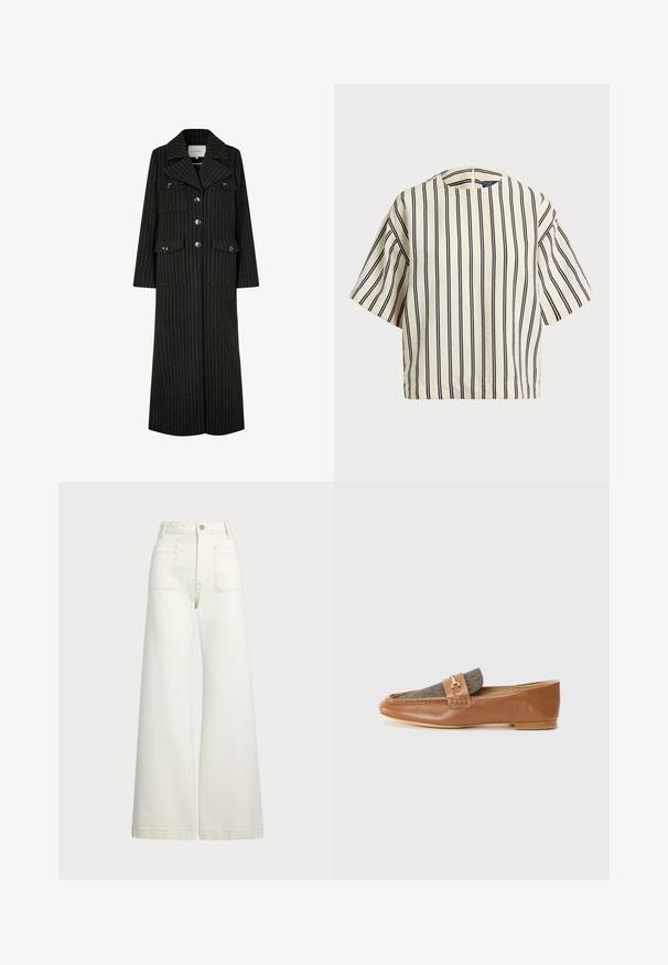 Melns svītrots garais mētelis ar līkumiņu apkakli, priekšējiem pogām un divām krūšu kabatām. Iespējo taisnu griezumu un strukturētu dizainu.; Kreklus, svītrainā blūze ar īsām piedurknēm, krēmkrāsā un tumši zilā tonī, ar apaļu apkakli un kvadrātveida dizainu, izgatavota no teksturētas auduma.; Platās kājas džinsi off-white denima. Augsta jostasvieta ar pogu aizdari, divas priekšējās kabatas un kontrastējošas šuvju detaļas.; Brūni ādas loaferi ar teksturētu brūnu auduma paneli un zelta apdari. Šaurs profils un izšūti detaļas sānos.