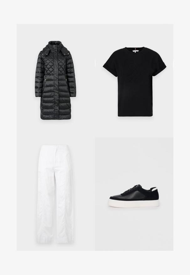 Casaco puffer acolchoado preto com gola alta, apresentando bolsos laterais com fecho de correr e detalhes em dourado. Material sintético suave com um corte ajustado.; T-shirt preta de algodão com mangas curtas dobradas, apresentando um logotipo em relevo no centro e um pequeno detalhe de bandeira na lateral.; Calças brancas de perna larga feitas de um tecido leve, com uma textura suave, linhas limpas e um design de cintura alta.; Sapatilha preta com painéis de pele lisa e camurça, atacadores planos, bico arredondado e sola de borracha branca. Logótipo distinto no calcanhar.