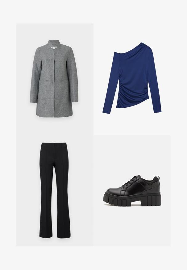 Casaco de lã cinza com corte reto, gola alta e mangas longas. Apresenta bolsos laterais e fecho frontal oculto.; Camisola de mangas longas em azul marinho escuro, com decote diagonal, detalhes franzidos nas laterais e uma textura de tecido lisa e elástica.; Calças pretas de boca de sino com uma textura canelada e cintura ajustada. O design apresenta costuras verticais para um visual elegante. Sem hardware visível.; Sapatos de plataforma em couro preto com um salto bloco robusto, bico redondo e design clássico de atacadores. Apresentam uma textura suave e detalhes mínimos.