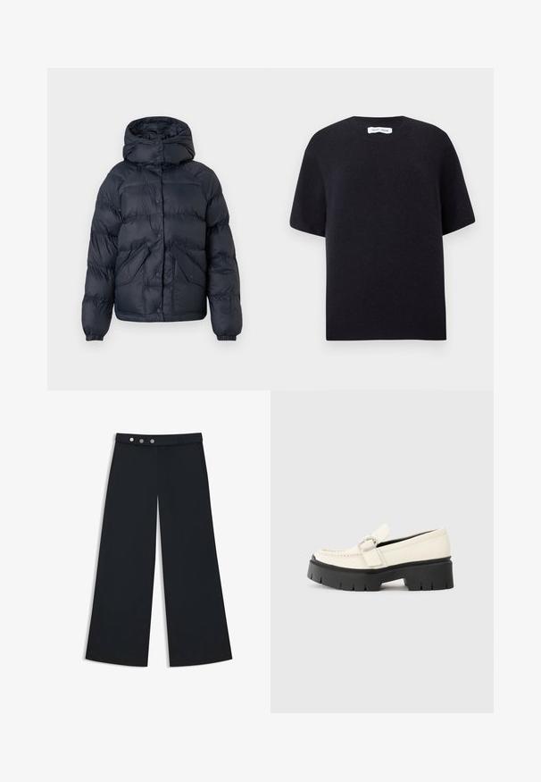 Marineblå forede jakke med hætte, der har trykknapper, to frontlommer og elastiske manchetter. Glat tekstur og varm isolering.; Sort strikket sweater med korte ærmer, rund halsudskæring og ribbet kant. Glat tekstur med en afslappet pasform. Minimalistisk design.; Bredbenede sorte bukser med en glat overflade, der har en flad talje, en dobbeltknaplukning og sidelommer.; Hvide læder loafers med en kraftig sort platformsål, der har en rektangulær sølvspænde og synlige syninger på overdelen.