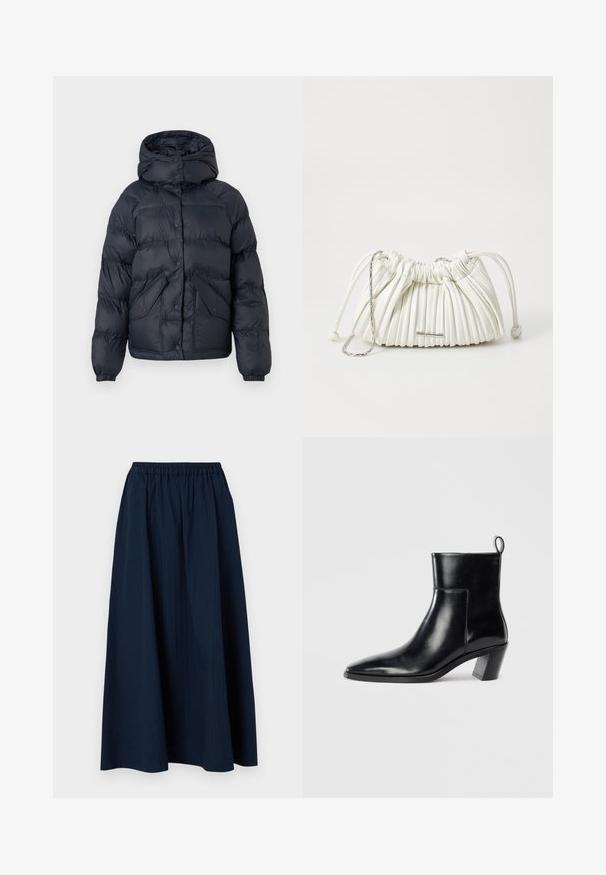 Sötétkék párnázott dzseki kapucnival, nyomógombokkal, két elülső zsebbel és rugalmas mandzsettákkal. Sima textúra és meleg szigetelés.; Szürke V nyakú pulóver puha gyapjúkeverék anyagból, hosszú ujjakkal és laza szabással. Egyszerű, minimalista dizájn, feltűnő minták nélkül.; Tengerészkék, teljes hosszúságú szoknya texturált anyagból, rugalmas derékrésszel és finom függőleges csíkozással.; Fekete bőr bokacsizma hegyes orral, geometrikus, rétegelt sarokkal és hátsó húzófüllel. Sima textúra és kifinomult dizájn.; Fehér plissé táska puha anyagból. Kábelzáras, fonott füllel és ezüstszínű kiegészítőkkel rendelkezik.