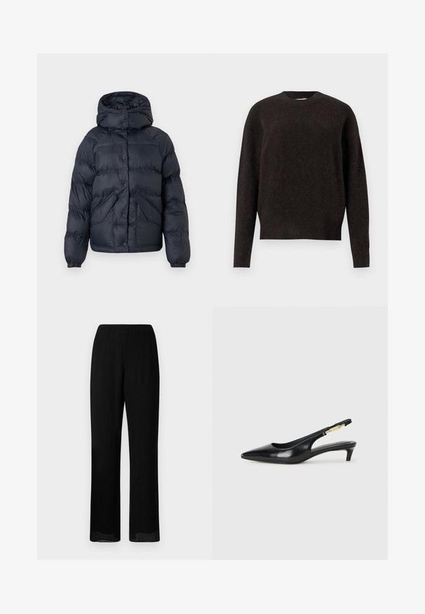 Tumesinine polsterdatud jope kapuutsiga, millel on nööbid, kaks esi-taskut ja elastsed mansetid. Sile tekstuur ja soe isolatsioon.; Samsøe Samsøe ANOUR - Džemper - black coffee; Mustad laiad püksid, millel on kortsus tekstuur ja elastne vöökoht. Kanga materjal on kerge ja voolav, sirge lõikega hem.; Mustad nahast slingback kontsad terava ninaga, millel on õhuke konts ja kuldse tooni aktsent reguleeritaval rihmal. Sile tekstuur.