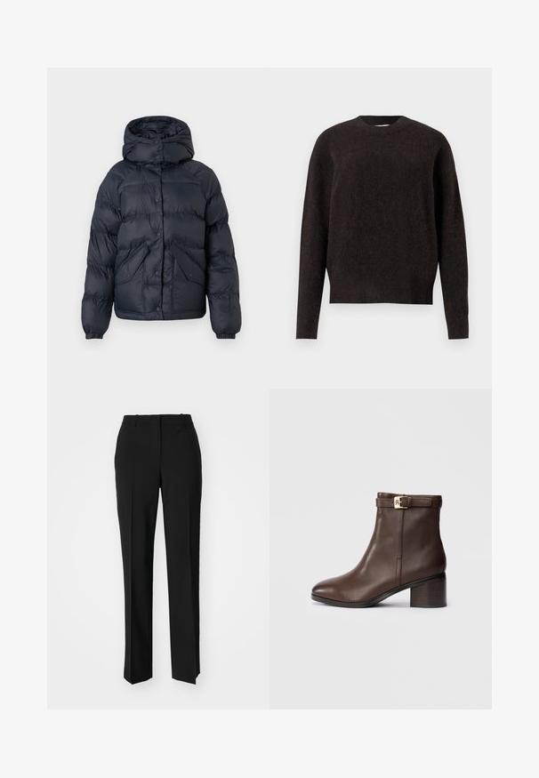 Navy blue padded jacket with a hood, featuring snap buttons, two front pockets, and elastic cuffs. Smooth texture and warm insulation.; Samsøe Samsøe ANOUR - Jumper - black coffee; Black tailored trousers with a straight-leg design, featuring a smooth texture and crisp creases along the front. No visible hardware.; Brown leather ankle boot with a rounded toe, low block heel, and a decorative buckle strap at the ankle. Smooth texture and sleek design.