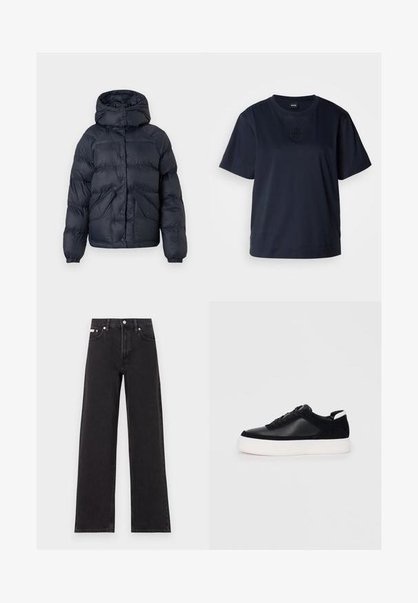 Sötétkék párnázott dzseki kapucnival, nyomógombokkal, két elülső zsebbel és rugalmas mandzsettákkal. Sima textúra és meleg szigetelés.; Sötétkék, rövid ujjú póló, puha pamutból készült. Kerek nyakkivágással és egy diszkrét hímzett logóval rendelkezik a mellrészen.; Fekete, bőszárú farmernadrág, magas derekú, öt zsebes kialakítással és fém gombos záródással, kontrasztos varrással.; Fekete sportcipő sima bőrből és velúr panelekkel, lapos fűzőkkel, kerek orral és fehér gumi talppal. Megkülönböztető logó a sarkán.