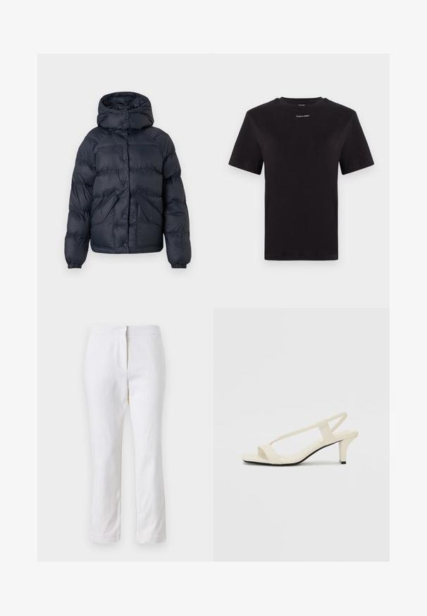 Mornarsko modra oblazinjena jakna s kapuco, opremljena s pritrdilnimi gumbi, dvema sprednjima žeparjema in elastičnimi manšetami. Gladka tekstura in topla izolacija.; Črna bombažna majica s kratkimi rokavi, okroglim izrezom in majhnim belim logotipom "Calvin Klein" na prsih. Gladka tekstura, klasičen kroj.; Beli bombažne hlače s ravnim krojem, srednje visoko pasom, brez vidnih kovinskih elementov ali vzorcev. Gladka textura po vsej površini.; Bež sandale z blok peto, tankimi trakovi in kvadratnim prstom. Gladek material z minimalnim okrasjem, zasnovan za enostavno nošenje.