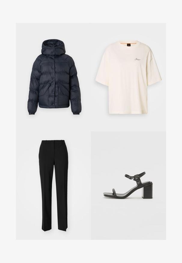 Navy blue padded jacket with a hood, featuring snap buttons, two front pockets, and elastic cuffs. Smooth texture and warm insulation.; White oversized T-shirt made of soft fabric, featuring a round neck and short sleeves, with a small black "Boss" logo on the front.; Black tailored trousers with a straight-leg design, featuring a smooth texture and crisp creases along the front. No visible hardware.; Black leather block-heeled sandal with a wide strap across the toe and an adjustable ankle strap, featuring a sleek, minimalist design.
