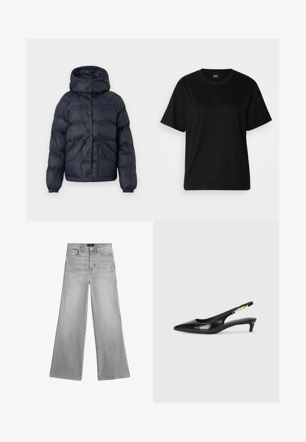 Tumši zila aizpildīta jaka ar kapuci, ar pogām, divām priekšējām kabatām un elastīgām aprocēm. Gluda tekstūra un siltinājums.; Melna kokvilnas T-krekls ar apaļu izgriezumu, īsām piedurknēm un izšūtu logotipu uz krūtīm. Vienkāršs, brīvs piegriezums bez rakstiem.; Pelēki platajā kājā džinsi, izgatavoti no denima. Ar augstu jostasvietu, priekšējām kabatām un tīru apdari. Smalkas izbālēšanas rada teksturētu izskatu.; Melnas ādas slingback zābaki ar smailu purngalu, ar šauru papēdi un zelta krāsas akcentu uz regulējama siksniņas. Gluda tekstūra.