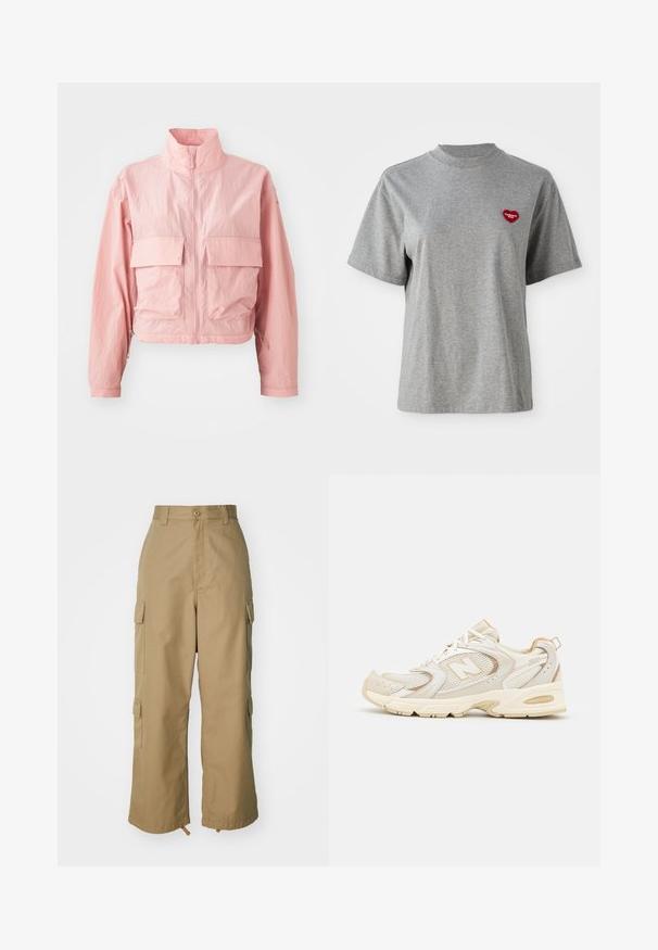 Lys rosa cropped jakke med høyt krage, to fremre lomme og elastisk snøring ved hem og ermer. Glatt tekstur.; Grå kortermet T-skjorte med rund hals og et lite rødt hjerteformet merke på venstre bryst som sier "Carhartt WIP."; Beige cargo bukser med høj talje, brede ben og fire store sidelommer. Fremstillet af slidstærkt stof med en glat tekstur og minimal detalje.; Beige idrettssko med mesh og syntetiske dekninger, med en teksturert overflate, polstret krage og "ABZORB" demping i hælen.