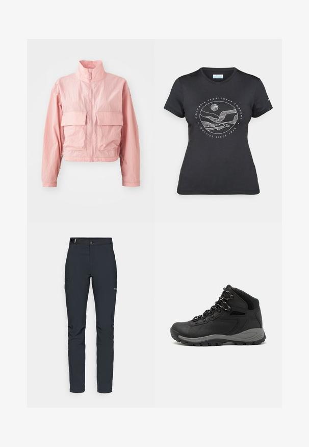 Light pink cropped jacket with a high collar, two front patch pockets, and elastic drawstring detailing at the hem and cuffs. Smooth texture.; Black Columbia t-shirt with white circular mountain and river line art and text "Columbia Sportswear Company Outside Since 1938."; Men's outdoor pants, dark gray, made from flexible material, featuring a belt, zippered pockets, and reinforced stitching.; Black hiking boot with a mid-top design, featuring a textured upper, gray accents, and durable rubber sole with traction lugs.