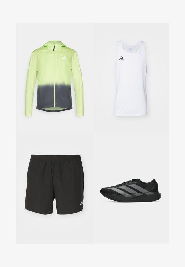 Lekka kurtka z gradientowym wzorem, jasna limonkowa z przejściem do ciemnoszarego, z kapturem i zapinana na zamek.; Biała, bezrękawnik sportowy z lekkiego materiału, z czarnym logo Adidas na lewej piersi i okrągłym dekoltem.; Czarne spodenki sportowe z elastycznym paskiem w talii, bocznymi rozcięciami i odblaskowymi akcentami logo. Wykonane z lekkiego, gładkiego materiału.; Czarne buty sportowe o lekkiej konstrukcji, z trzema wyraźnymi szarymi paskami, gładką fakturą i wyprofilowaną podeszwą.