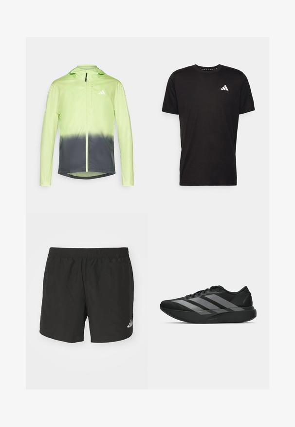 Veste légère avec un design dégradé, passant d'un vert citron brillant à un gris foncé, dotée d'une capuche et d'une fermeture à glissière.; T-shirt en coton noir à manches courtes, décolleté rond et logo blanc sur la poitrine gauche. Texture lisse et design simple.; Shorts de sport noirs avec une taille élastique, des fentes sur les côtés et des accents de logo réfléchissants. Fabriqués en tissu léger et lisse.; Chaussures de sport noires au design léger, présentant trois rayures grises marquées, une texture lisse et une semelle profilée.