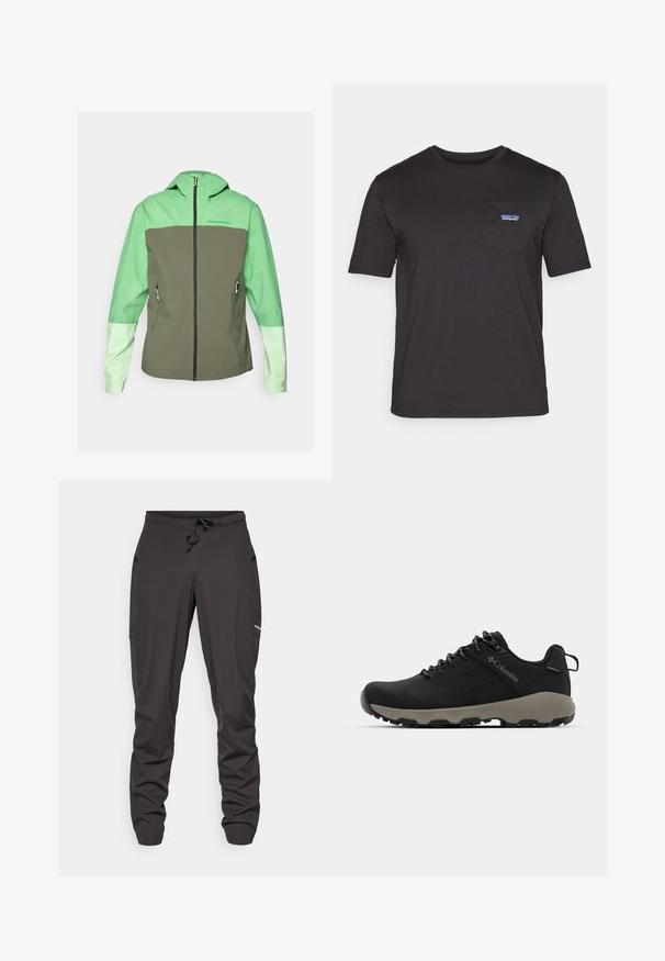 Peak Performance TRAIL JACKET - Giacca hard shell - peppermint/pine needle/vivid green; T-shirt nera a maniche corte in cotone, con una tasca sul petto e il logo blu di Patagonia sul lato sinistro.; Pantaloni sportivi neri con coulisse, dotati di tasche laterali, tessuto leggermente stropicciato e un piccolo logo visibile sulla coscia destra.; Scarpa da trekking nera con tomaia liscia, design perforato, suola grigia e tallone rinforzato. Caratterizzata da lacci e un anello per una facile calzata.