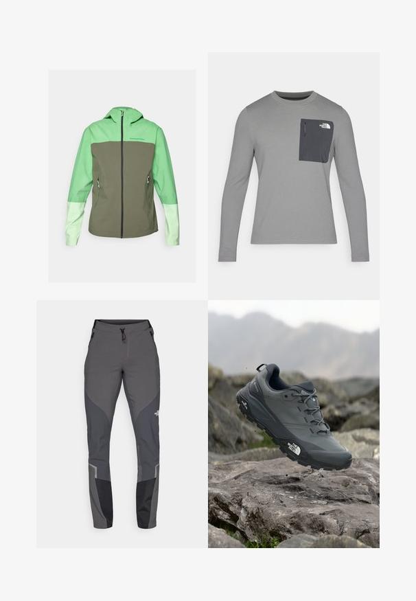 Peak Performance TRAIL JACKET - Hardshelljacke - peppermint/pine needle/vivid green; Langärmliges graues Shirt aus strukturiertem Stoff, mit einer dunkelgrauen Brusttasche und einem Reißverschluss. Logo in Weiß auf der Tasche.; Graue Wanderhosen mit tailliertem Design, mehreren Taschen und kontrastierenden dunkelgrauen und schwarzen Akzenten. Hergestellt aus einem flexiblen, strapazierfähigen Material.; Grau Trailrunning-Schuh mit einer strukturierten Oberseite, haltbarer Gummisohle und verstärkter Zehenkappe. Verfügt über Schnürsenkel und ein Markenlogo an der Seite.