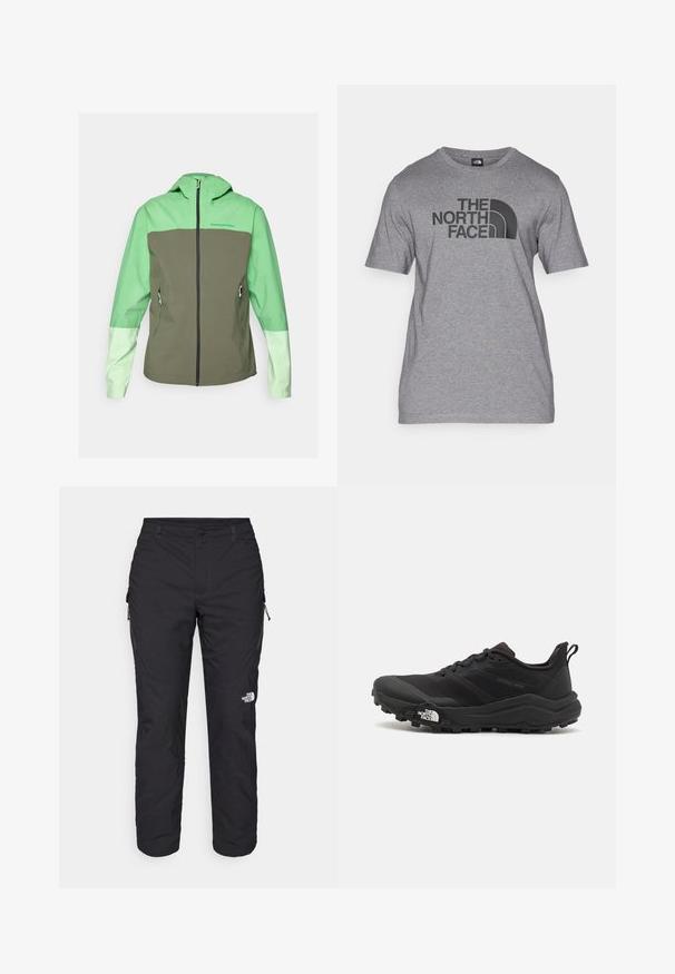 Peak Performance TRAIL JACKET - Hardshell-jas - peppermint/pine needle/vivid green; Grijze T-shirt met korte mouwen, gemaakt van een katoenmix, met een zwarte grafische print van "THE NORTH FACE" en een gebogen logo detail op de voorkant.; The North Face WINTER EXPLORATION TAPERED CARGO - Outdoorbroeken - black; Zwarte trailrunning schoen met een gestructureerde bovenkant, rubberen zool en versterkte neus. Voorzien van een gevoerde kraag en een trekhaak voor eenvoudig aan- en uittrekken.