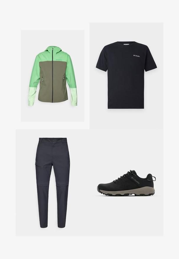 Peak Performance TRAIL JACKET - Hardshellová bunda - peppermint/pine needle/vivid green; Černé tričko s krátkým rukávem vyrobené z bavlny, s malým bílým logem Columbia na levé části hrudi. Klasický kulatý výstřih a volný střih.; Námořnické modré, lehké kalhoty se zipovou kapsou na stehně a rovnými nohavicemi; vyrobené z měkké, odolné tkaniny.; Černá turistická bota s hladkým svrškem, perforovaným designem, šedou podrážkou a zesíleným patou. Obsahuje tkaničky a poutko pro snadné obutí.