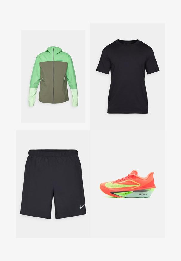 Peak Performance TRAIL JACKET - Hardshell bunda - peppermint/pine needle/vivid green; Čierne tričko z hladkej tkaniny, s okrúhlym výstrihom a krátkymi rukávmi. Discretné logo potlačené čiernou farbou na hrudi.; Čierne atletické šortky z ľahkého materiálu s elastickým pásom. Na dolnej ľavej strane majú malé biele logo Nike.; Bežecká obuv s jasne oranžovým zvrškom, neonovo zelenými akcentmi, aerodynamickým dizajnom a výraznou šedou a zelenou podrážkou, označená "ZOOMX."