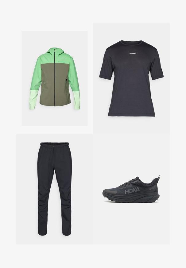 Peak Performance TRAIL JACKET - Casaco impermeável - peppermint/pine needle/vivid green; T-shirt de desempenho preta de manga curta, feita de tecido respirável, com decote redondo e pequeno logótipo branco "SALOMON" no peito.; Calças leves pretas com um cós elástico, fecho por cordão e pernas ajustadas. Feitas de material resistente à água com uma textura suave.; Sapatilha de corrida Hoka preta com parte superior em malha, detalhes texturizados e uma sola grossa e acolchoada com bordas afiladas para um suporte melhorado.