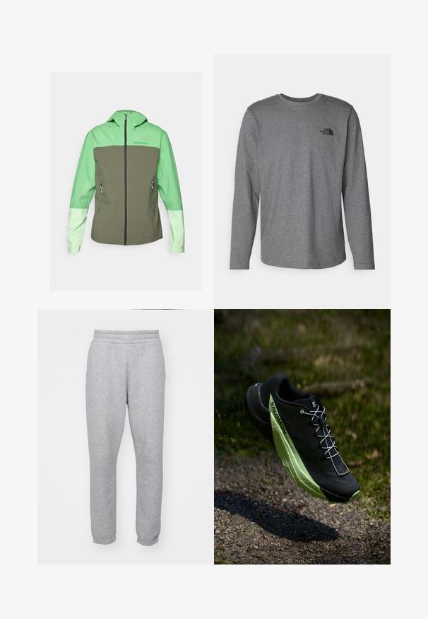 Peak Performance TRAIL JACKET - Veste Hardshell - peppermint/pine needle/vivid green; The North Face M L/S SIMPLE DOME TEE - T-shirt à manches longues - medium grey heather; Pantalons de survêtement gris en tissu doux, dotés d'une taille élastique et de poignets ajustés pour une silhouette épurée. Pas de poches visibles.; Chaussures de course noires avec une surface texturée et des accents verts. Présentent un design léger et une semelle unique et à motif pour une meilleure traction.