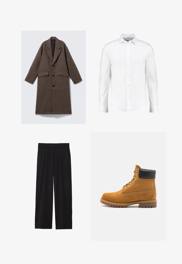 Casaco checkered castanho longo com forro preto, três botões pretos, lapelas largas e dois bolsos frontais com aba, exibido deitado sobre fundo branco.; Camisa branca de manga longa com botões, feita de algodão suave. Apresenta um colarinho clássico e fecho frontal com botões, com uma bainha reta.; Calças largas pretas com pregas na frente, bolsos laterais e uma textura de tecido suave. Projetadas para um ajuste confortável.; Botim de tornozelo em camurça bege com colarinho acolchoado preto, ilhós de metal dourado, detalhes de costura branca e sola de borracha robusta com sulcos pronunciados.