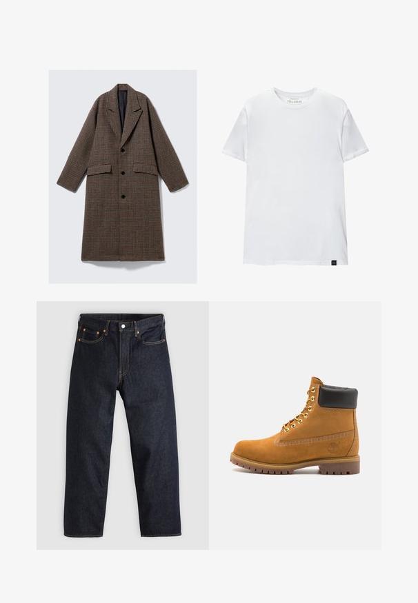 Long brown checkered coat with black lining, three black buttons, wide lapels, and two front flap pockets, displayed flat on white background.; White muscle fit t-shirt made of cotton. Round neck, short sleeves, smooth texture. Small black logo tag at the hem. Plain design.; Dark blue denim jeans with a straight cut, five pockets, contrasting orange stitching, and a button fly. No visible patterns or embellishments.; Tan suede ankle boot with black padded collar, gold metal eyelets, white stitching detailing, and rugged rubber sole with pronounced treads.