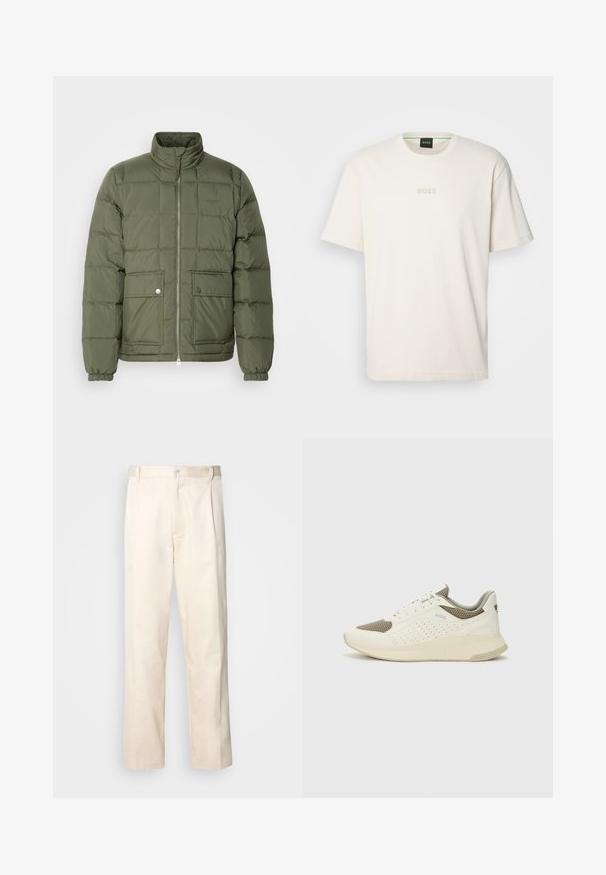 Žalias pūkų švarkas su aukštu apykakle, siuvinėtu dizainu, dviem priekinėmis kišenėmis ir sidabro spalvos detalėmis. Savybės: elastingi rankogaliai ir apačia.; BOSS TEE - Paprasti marškinėliai - open white; Bežinės medvilninės kelnės su tiesiu kirpimu, turinčios mygtuko uždarymą ir priekyje raukšles papildomai dekoratyviam akcentui.; Baltas ir šviesiai bežinis sportinis kedas, su tinklo viršumi, perforuotais detalėmis ir tekstūruotu tarpine su logotipu ant kulno.