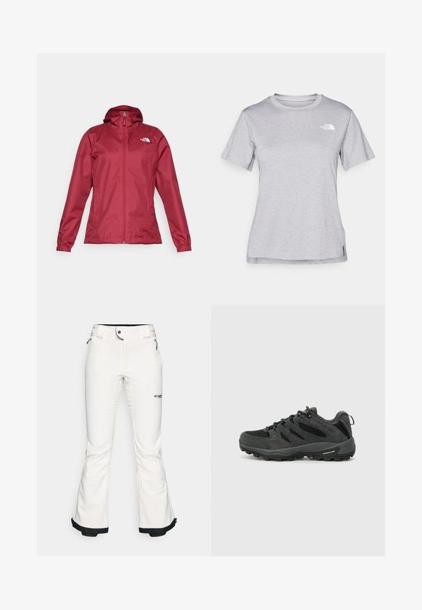 The North Face QUEST JACKET - Veste imperméable - beetroot; T-shirt gris à manches courtes fabriqué en tissu doux et évacuant l'humidité. Il présente un col rond et un petit logo blanc en haut à gauche.; Pantalon de ski blanc en matériau doux et flexible. Présente une taille ajustée, des jambes larges évasées et une bordure noire aux poignets. Logo de la marque visible.; Columbia REDMOND - Chaussures de marche - black/citron haze