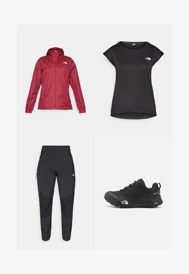 The North Face QUEST JACKET - Vandeniui atspari striukė - beetroot; The North Face TANKEN TANK - Sportiniai marškinėliai trumpomis rankovėmis - black; Juodos lauko kelnės, pagamintos iš patvarios medžiagos. Turi užtraukiamas kišenes, sustiprintus kelio plotus ir tiesią konstrukciją, leidžiančią laisvai judėti.; Juodas žygio batelis su tekstūruotu viršumi, su raištelių uždarymu ir storu guminiu padu, ant šono išryškintas logotipas ir raštiškai išpjauti modeliai.