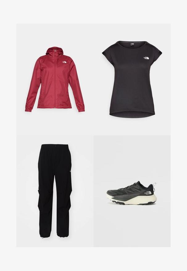 The North Face QUEST JACKET - Regnjakke - beetroot; The North Face TANKEN TANK - T-skjorte til trening - black; Sorte utendørsbukser laget av slitesterkt materiale, med en avslappet passform, elastisk midjebånd og stramme mansjetter for justerbar lengde.; Svart treningssko med teksturert overdel, med grå detaljer og hvit såle. Har en pull tab og fremtredende merkevarelogo på hælen.