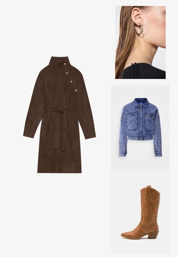 Denim jacket in light blue with a cropped design, two front pockets, metallic zipper, and contrasting stitching details.; Brown knitted sweater dress with a high ribbed collar, side buttons, and a matching fabric belt. Ribbed cuffs and hem add texture.; Tan leather cowboy boot with pointed toe, embroidered swirl patterns on shaft, and a stacked block heel. Features a pull tab for easy wear.; Silver hoop earring with a polished finish, featuring small gold accent details and a round shape, worn on the lobe.
