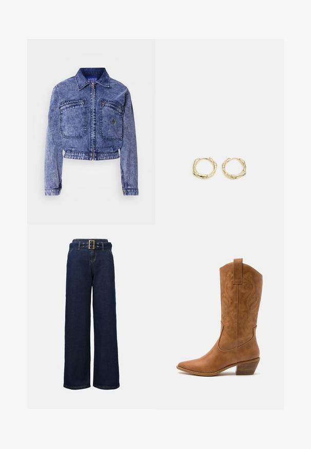 Šviesiai mėlyna džinsinė striukė su sutrumpintu dizainu, dviem priekiniais kišenėmis, metaline užtrauktuku ir kontrastingomis siuvimo detalėmis.; Marškiniai su mygtukais, turintys vertikalius dryžius mėlynos, juodos ir baltos spalvų atspalviuose. Pagaminti iš lygaus audinio, su klasikiniu apykakle ir mygtukų uždarymu.; Tamsiai mėlynos plačios džinsinės kelnės su siuvinėtomis kišenėmis ir suderintu diržu su dideliu stačiakampiu auksiniu sagtimi.; Ruda odinė kantri batai su smailiu būtų pirštu, siuvinėtais spiralės raštais ant viršaus ir su kamščiu blokuotu kulnu. Yra tamprių užtraukių, kad būtų lengviau užsidėti.; Aukso žiedo auskarai su tekstūruotu, netaisyklingu paviršiumi. Yra be siūlių užsegimas ir poliruotas paviršius, akcentuojantis modernų dizainą.