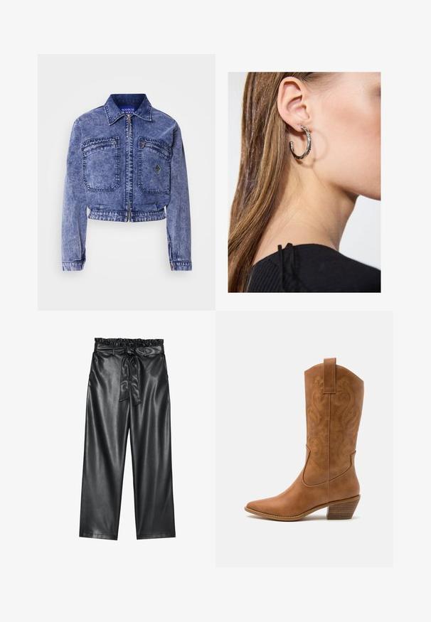 Denim jacket in light blue with a cropped design, two front pockets, metallic zipper, and contrasting stitching details.; White long-sleeve blouse with a classic collar, front button closure, and gathered side detail. Smooth fabric with a tailored shape.; Black faux leather wide-leg pants with an elasticated, ruffled waistband, and a detachable tie belt. Smooth texture and minimal sheen.; Tan leather cowboy boot with pointed toe, embroidered swirl patterns on shaft, and a stacked block heel. Features a pull tab for easy wear.; Silver hoop earring with a polished finish, featuring small gold accent details and a round shape, worn on the lobe.