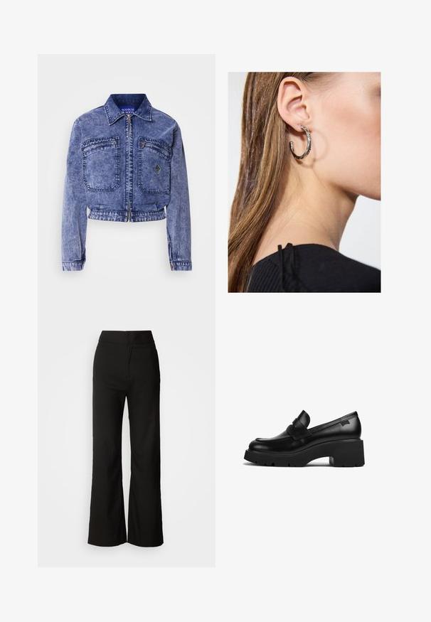Jaqueta de ganga em azul claro com um design cropped, dois bolsos frontais, fecho metálico e detalhes de costura em contraste.; Top preto de alças feito de um tecido macio e elástico. Apresenta uma gola redonda e alças largas, com uma silhueta ajustada e textura suave.; Calças largas pretas com uma textura suave, cintura alta e um design clean. Sem bolsos visíveis ou adornos.; Mocassim preto de couro com salto chunky, sola grossa e detalhe de tira na parte superior, visto de lado sobre um fundo branco.; Brinco de argola prateada com acabamento polido, apresentando pequenos detalhes em dourado e uma forma redonda, usado na orelha.