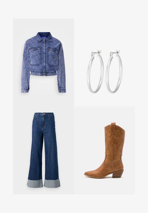 Džínová bunda svetlomodrej farby s skráteným strihom, dvomi prednými vreckami, kovovým zipsom a kontrastnými švami.; Biely crop top vyrobený z jemnej, textúrovanej látky. Má okrúhly výstrih a bezrukávový dizajn so malým zlatým logom Nike na prednej strane.; Džíny s širokými nohavicami a tmavomodrým umývaním, s kontrastným svetlomodrým manžetom a klasickým dizajnom s piatimi vreckami.; Hnedé kožené kovbojské topánky s špicatou špičkou, vyšívanými vírivkami na štýle a blokovým podpätkom. Obsahuje praktický pútko na ľahké obúvanie.; Strieborné kruhové náušnice s hladkým, lesklým povrchom. Kolový tvar a bezpečné klikanie na uzatváranie. Ľahký dizajn vhodný na každodenné nosenie.