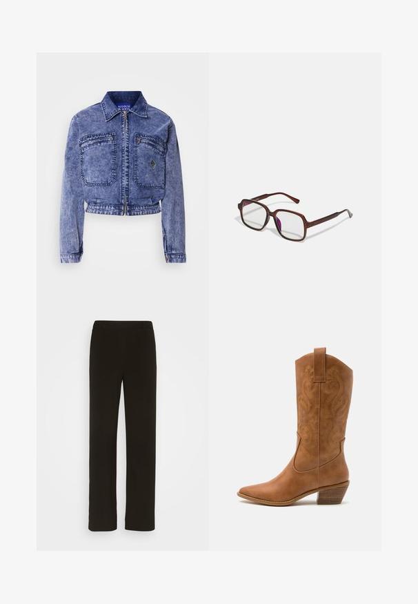 Hea sinine teksajakk lühendatud disainiga, kahe esipocket'i, metallist tõmbluku ning kontrastsete õmbluste detailidega.; Pikkade varrukatega T-särk, mis on sobiva kujuga ja valmistatud pehmest puuvillast. Omab horisontaalseid roosa ja valge triibusid ning laia kaelust.; Mustad, sirged jalad, mis on valmistatud kootud kangast, millel on lame esiosa, kaks külgtaskut ja sile tekstuur. Ilma nähtavate mustrite või aktsentideta.; Kohvitooni nahast cowboy-kork, millel on terav varvas, tikitud keerised varrel ja virnastatud ploki konts. Omab tõmbeava, et seda oleks lihtne jalga panna.; Pruunid, ristkülikukujulised prilliraamid, millel on läbipaistvad läätsed ja lillakad tooni. Sile plastikraam otste kaared ja peente aksenditega.; Kuldsete rõngaskõrvarõngaste tekstuuriga, ebakorrapärane kuju. Omab sujuvat lukustust ja poleeritud pinnatöötlust, rõhutades kaasaegset disaini.