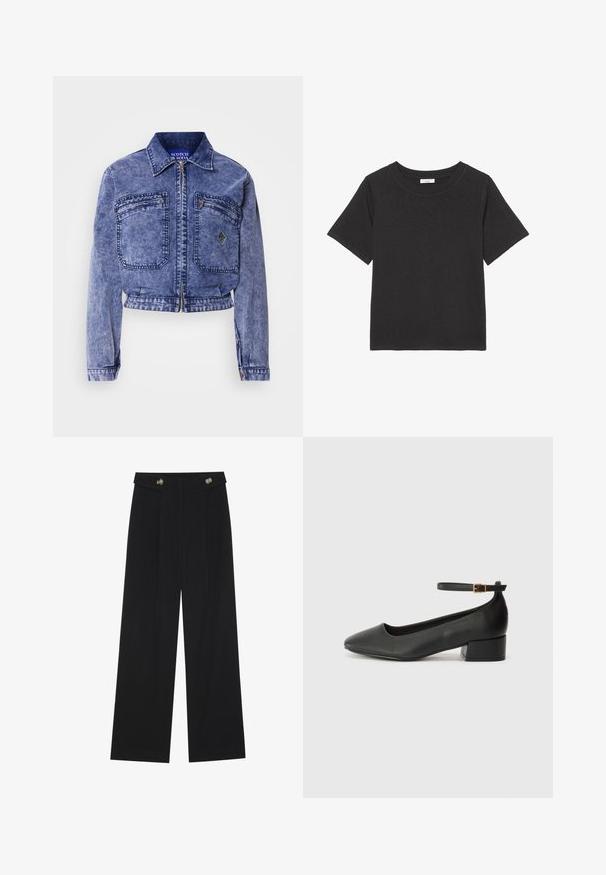 Gaiši zila džinsa jaka ar īsu dizainu, divām priekšējām kabatām, metāla rāvējslēdzēju un kontrastējošām šuvju detaļām.; Melnā T-kreklā, izgatavotā no mīkstas auduma, ir apaļš kakls un īsas piedurknes. Dizains ir vienkāršs, bez redzamām rakstām vai akcentiem.; Melnas platās bikses ar augstu jostasvietu, pogu detaļām uz jostas un priekšējām krokām.; Melnas ādas sūkņi ar smailu purngalu un zemu bloku papēdi. Iezīmēts ar potītes siksniņu ar zelta krāsas sprādzi. Gluda tekstūra.