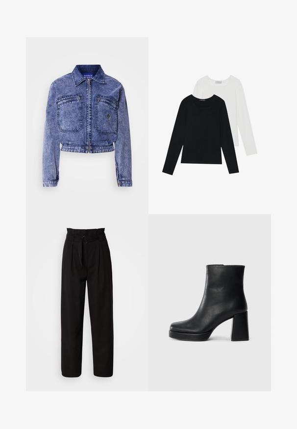 Jachetă din denim de culoare albastru deschis, cu un design scurt, două buzunare frontale, fermoar metalic și detalii de cusătură contrastante.; Două bluze cu mânecă lungă, una neagră și una albă, ambele având un guler pătrat și fiind confecționate dintr-un material moale și elastic.; Pantaloni negri cu talie înaltă și picior larg, având pliuri frontale și o curea din țesătură cu cataramă circulară. Textură fină și design croitorie.; Botină din piele neagră, cu toc pătrat și talpă platformă, văzută din lateral pe un fundal alb simplu.