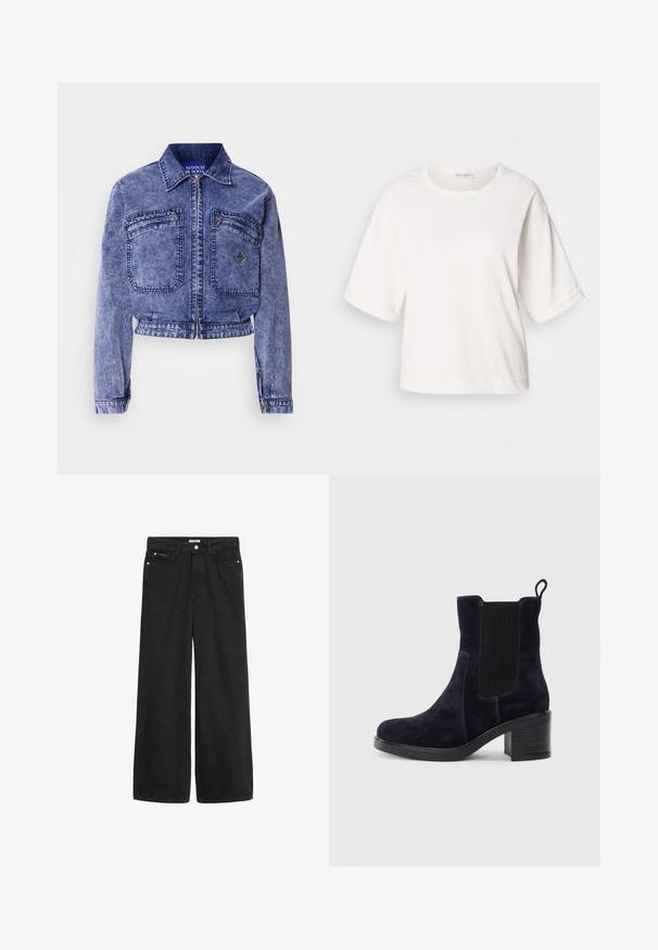 Denimjakke i lys blå med cropped design, to forlommer, metallisk lynlås og kontrasterende syninger.; Hvid bomulds t-shirt med en afslappet pasform, korte ærmer med opsmøg, rund hals og en glat overflade. Enkel, minimalistisk design.; Bredde ben sorte denim jeans med høj talje. Har fem lommer, metalhardware og en ren finish. Teksturen er glat og blød.; Marineblå ruskindsankelstøvle med elastisk sidepanel, rund tå og blokhæl. Struktureret stof og glat sål giver kontrast.