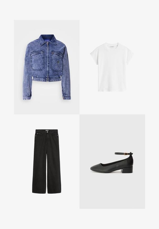 Traper jakna svijetloplave boje s izrezanim dizajnom, dva prednja džepa, metalni patentni zatvarač i kontrastne detalje šivanja.; Bijela kratka majica s kratkim rukavima izrađena od pamuka. Ima ležeran kroj s okruglim izrezom i malo spuštenim šavovima na ramenima. Bez uzoraka ili ukrasa.; Crne traperice širokih nogavica s visokim strukom. Ima pet džepova, metalne detalje i čisti završetak. Tekstura je glatka i mekana.; Crne kožne pumpe s oštrim vrhom i niskom blok petom. Sadrže remen oko gležnja s zlatnim kopčanjem. Glatka tekstura.