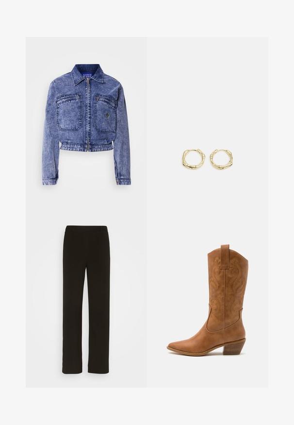 Traper jakna svijetloplave boje s izrezanim dizajnom, dva prednja džepa, metalni patentni zatvarač i kontrastne detalje šivanja.; Crna bezrukavna majica s visokim ovratnikom, izrađena od glatkog materijala. Prilagođeni dizajn s visokim ovratnikom i ravnim rubom, minimalistički i u jednobojnoj boji.; Crne hlače ravnog kroja napravljene od tkanine, s ravnim prednjim dijelom, dva bočna džepa i glatkom teksturom. Nema vidljivih uzoraka ili akcenata.; Smeđe kožne kaubojke s oštrim nosom, izvezenim spiralnim uzorcima na gornjem dijelu i blok petom. Imaju potporu za lakše obuvanje.; Zlatne okrugle naušnice s teksturiranim, nepravilnim oblikom. Imaju nevidljivo zatvaranje i polirani završni sloj, što naglašava moderan dizajn.