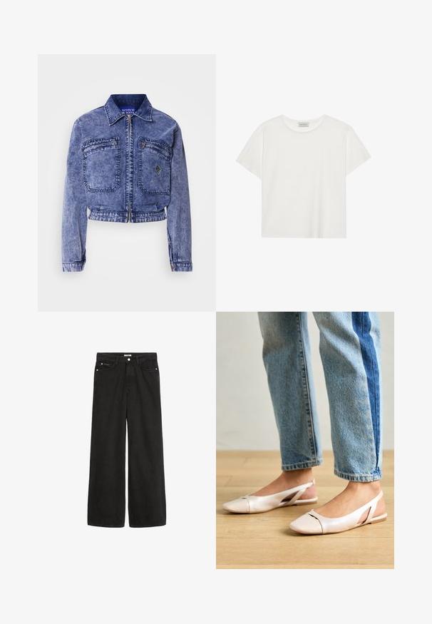 Džínová bunda svetlomodrej farby s skráteným strihom, dvomi prednými vreckami, kovovým zipsom a kontrastnými švami.; Biele tričko s krátkymi rukávmi vyrobené z jemnej bavlny. Má okrúhly výstrih a voľný strih. Čistý dizajn bez viditeľných vzorov alebo akcentov.; Široké čierne denímové džínsy s vysokým pásom. Obsahujú päť vreciek, kovové doplnky a čistý vzhľad. Textúra je hladká a jemná.; Svetloružové slingback baleríny s jemne špicatou špičkou, vyrobené z hladkého materiálu pripomínajúceho kožu. Majú výrezové detaily na stranách a plochý opätok.