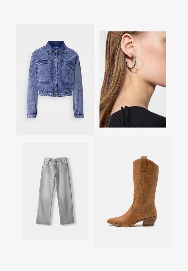 Világoskék farmerdzseki, cropped fazonban, két elülső zsebbel, fém cipzárral és kontrasztos varrási részletekkel.; Fehér pamut ujjatlan felső széles nyakkivágással és vékony pántokkal. Sima felület, látható minták vagy díszítések nélkül.; Világosszürke farmernadrág egyenes szárú fazonnal, két elülső zsebbel, gombos záródással és diszkrét fakulással a textúra érdekében.; Barna bőr cowboy csizma hegyes orral, hímzett örvény mintákkal a szárán, és stílusos, réteges blokk sarokkal. Kihúzó füle segíti a könnyű felhúzást.; Ez egy ezüst fülbevaló, sima felülettel, amelyen apró arany díszítőelemek találhatók. Kerek formájú és a fülcimpán viselik.