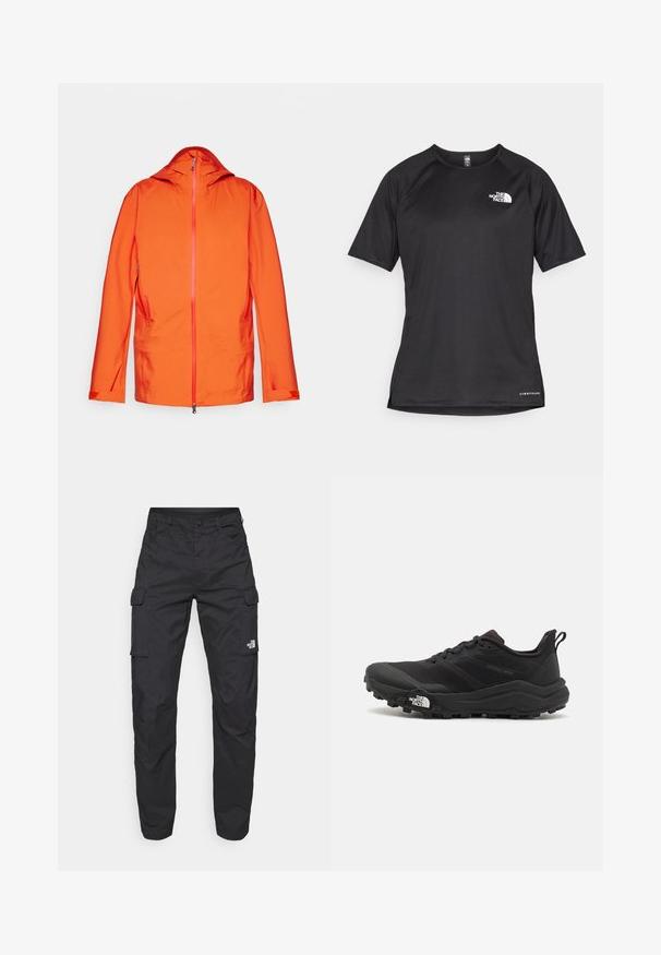 Orange jacket with a hood, features front zipper, two side pockets, and contrasting zipper detailing. Smooth, weather-resistant fabric texture.; Black short-sleeve athletic shirt with a textured fabric, featuring a white logo on the left chest and a straight hem.; The North Face EXPLORATION PANTS - Cargo trousers - black; Black trail running shoe with a textured upper, rubber sole, and reinforced toe cap. Features a padded collar and pull tab for easy wear.
