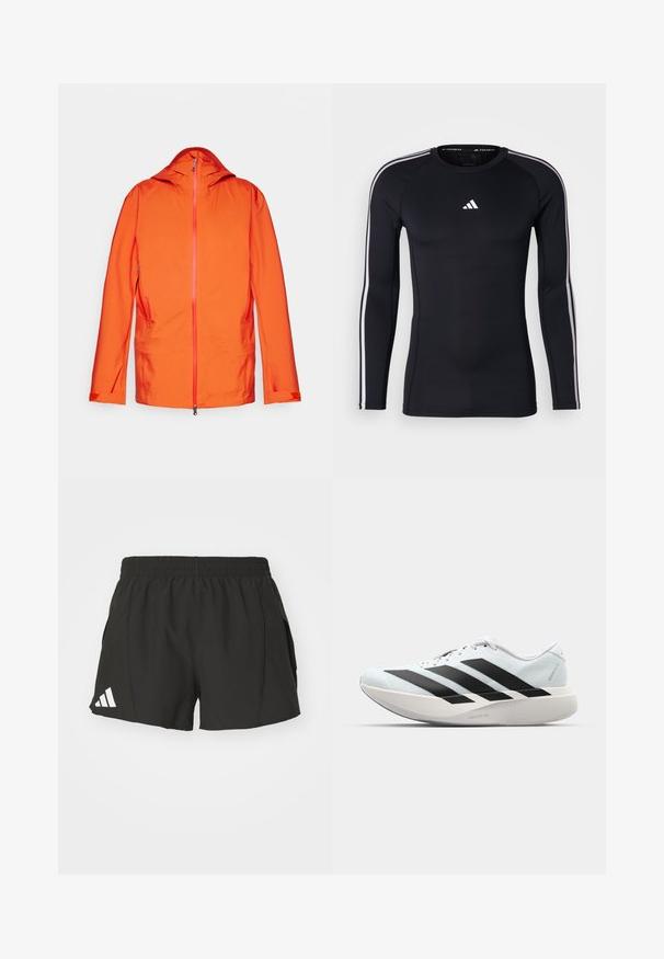 Jachetă portocalie cu glugă, dotată cu fermoar frontal, două buzunare laterale și detalii contrastante ale fermoarului. Textură netedă, rezistentă la intemperii.; Tricou sportiv negru cu maneci lungi, cu un design ajustat. Include un logo Adidas alb pe piept și dungi albe pe umeri.; Bermude atletice negre, fabricate dintr-un material ușor, având un brâu elastic, buzunare laterale și un logo alb Adidas pe piciorul stâng.; Pantofi de alergare ușori în albastru deschis cu dungi negre. Au un superior neted, vârf rotund și o intermediară groasă albă etichetată "LIGHTSTRIKE PRO."