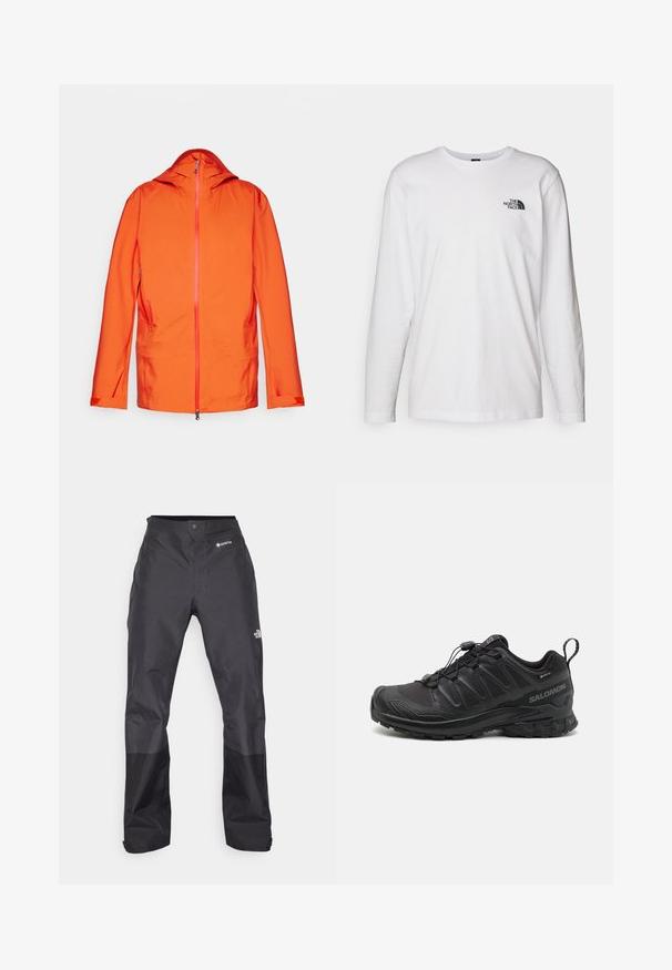 Orange jacket with a hood, features front zipper, two side pockets, and contrasting zipper detailing. Smooth, weather-resistant fabric texture.; White long-sleeve T-shirt made of cotton with a crew neck. Features a small black logo on the chest. Smooth texture, regular fit.; Black waterproof pants with a smooth texture, featuring a GORE-TEX logo on the front, and reinforced lower legs for durability.; Black athletic shoe with a textured synthetic upper, cushioned sole, and a quick-lacing system. Features a reinforced toe and heel.