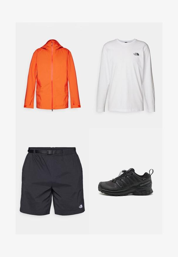 Giacca arancione con cappuccio, presenta una chiusura frontale con zip, due tasche laterali e dettagli della zip in contrasto. Tessuto liscio e resistente alle intemperie.; T-shirt bianco a maniche lunghe in cotone con colletto rotondo. Presenta un piccolo logo nero sul petto. Texture liscia, vestibilità regolare.; Pantaloni corti neri leggeri con una vestibilità comoda, dotati di una cintura regolabile, tasche laterali e il logo The North Face sulla parte inferiore della gamba destra.; Scarpa sportiva nera con parte superiore in sintetico testurizzato, suola imbottita e sistema di allacciatura rapida. Presenta una punta e un tallone rinforzati.