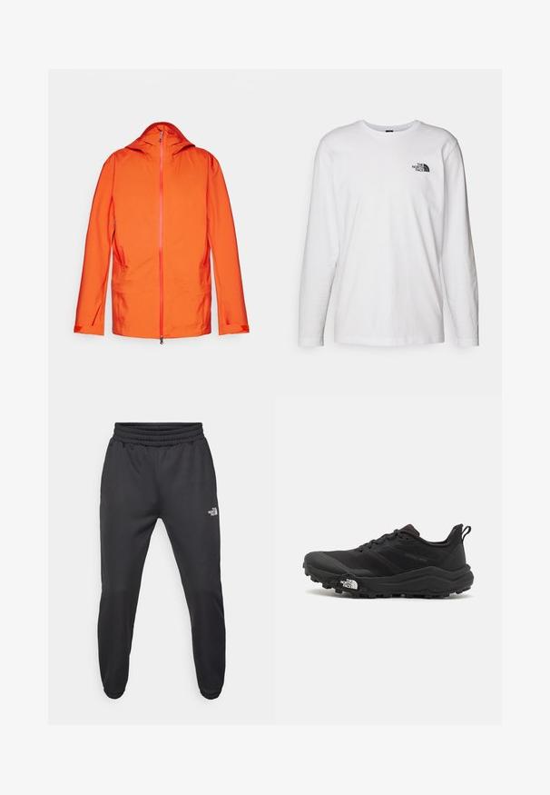 Orange jacka med huva, har framficka med dragkedja, två sidofickor och kontrasterande dragkedjedetaljer. Slät, väderbeständig tygtextur.; Vit långärmad T-shirt i bomull med rund halsringning. Har en liten svart logotyp på bröstet. Slät textur, normal passform.; Svarta träningsbyxor med dragsko i midjan, smal passform, elastiska muddar och en liten vit logotyp på vänstra låret, tillverkade av ett slätt tyg.; Svart terränglöparsko med en strukturerad ovandel, gummisula och förstärkt tåhätta. Har en vadderad krage och en dragflik för enkel påtagning.