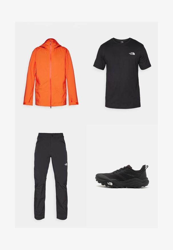 Veste orange avec capuche, dotée d'une fermeture éclair devant, de deux poches latérales et de détails de fermeture éclair contrastants. Texture de tissu lisse et résistant aux intempéries.; T-shirt noir à manches courtes en coton, avec un col rond et un petit logo blanc sur le côté supérieur gauche de la poitrine.; Pantalons d'extérieur noirs en matière synthétique avec une poche avant zippée, jambes fuselées et panneaux de genoux renforcés. Comprend une fermeture à bouton.; Chaussure de trail running noire avec une tige texturée, semelle en caoutchouc et bout renforcé. Présente un col rembourré et une tirette pour un enfilage facile.