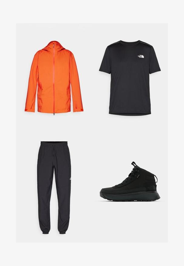 Pomarańczowa kurtka z kapturem, posiada przedni zamek, dwie boczne kieszenie oraz kontrastowe detale zamka. Gładka, odporna na warunki atmosferyczne tekstura materiału.; Czarny t-shirt z krótkim rękawem, wykonany z lekkiego materiału. Posiada małe białe logo na lewej piersi oraz subtelne akcenty na ramionach.; Czarne spodenki sportowe wykonane z lekkiego materiału, z elastycznym pasem na sznurek, bocznymi kieszeniami i zwężanymi mankietami przy kostkach.; Czarne, średniej wysokości buty trekkingowe z teksturowanym wierzchem, wzmocnionym czubkiem, pewnym systemem sznurowania i amortyzowaną podeszwą zapewniającą przyczepność.